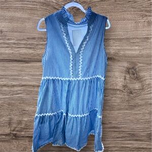 Blue Asymmetrical Tiered Dress with Mandarin Collar